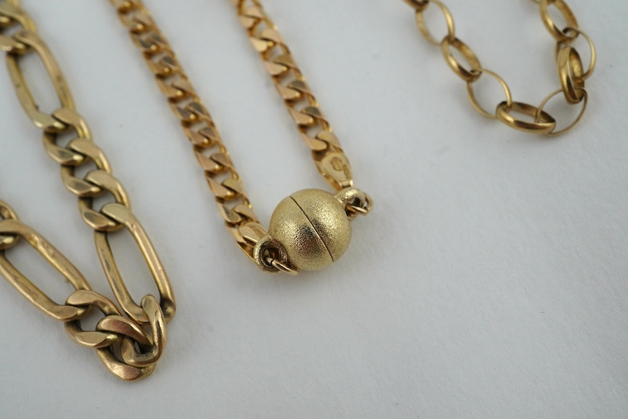 Two modern 9ct gold chains, longest 73cm and a modern 9ct gold bracelet, 25.9 grams. Condition - fair